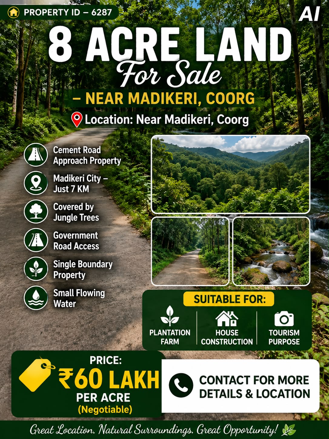 🌿🏡 *PROPERTY ID – 6287* 🌳 *8 ACRE LAND FOR SALE – NEAR MADIKERI, COORG